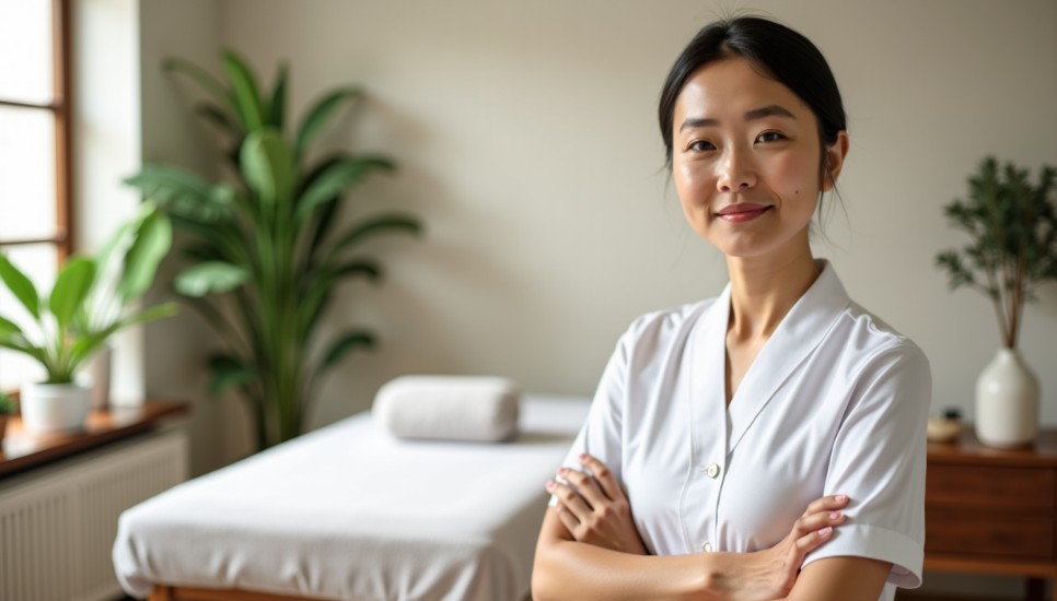 Masseuse professionnelle souriante dans un cabinet chaleureux pour un soin de massage à Pau.