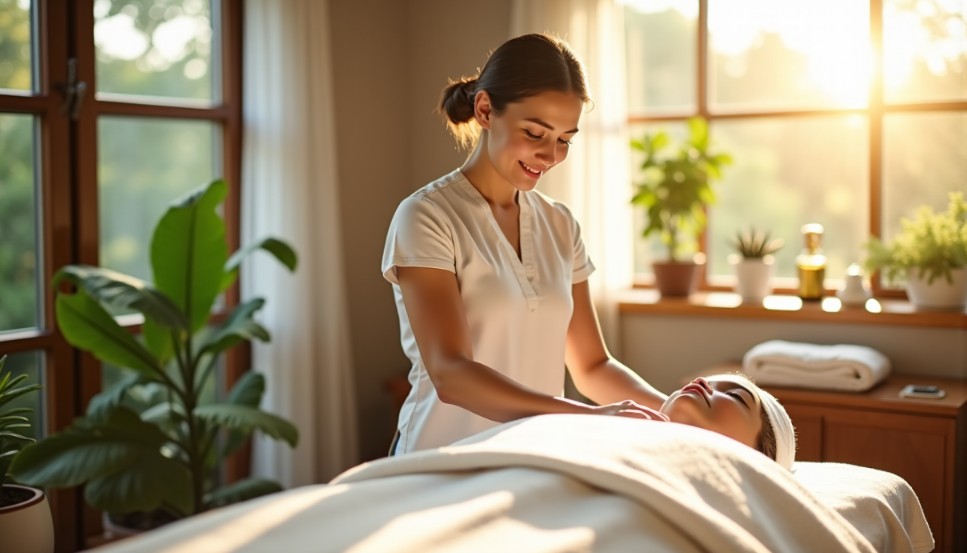 Une masseuse professionnelle en uniforme blanc effectuant un massage du visage et du cou sur une cliente détendue et allongée sur une table de massage couverte d'un drap blanc, dans une pièce lumineuse avec de grandes fenêtres et des plantes d'intérieur, baignée par la lumière du soleil couchant.